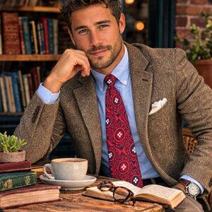 Bonds Red & Navy Geometric Medallion Tie • Retro Mod Statement